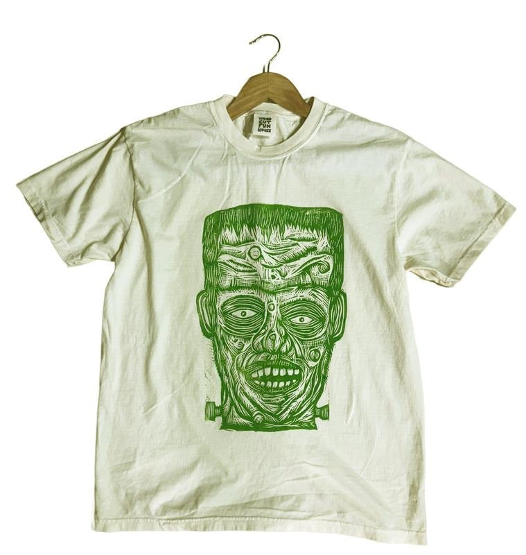 Frankenstein Hand printed  Woodcut T Shirt Menswear Cotton Top Streetwear Casual