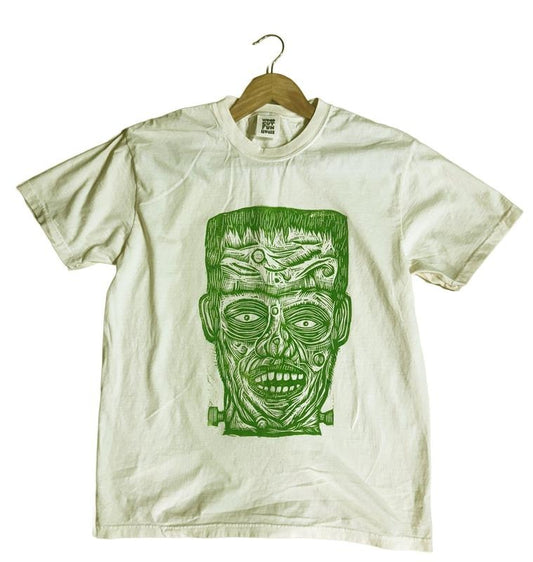 Frankenstein Hand printed  Woodcut T Shirt Menswear Cotton Top Streetwear Casual