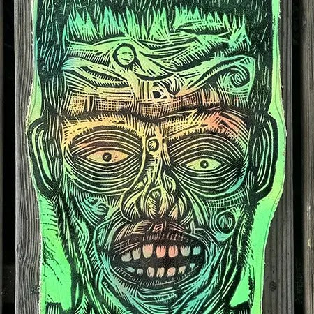 Frankenstein Woodcut Printed on Painted and Shaped Wooden Panels Decor Hand Wall Ornaments Artistic