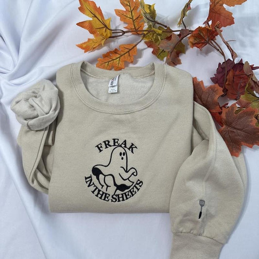 Freak in the sheets Ghost embroidered crewneck, Halloween embroidered crewneck, Funny Halloween sweatshirt Cotton Casual embroidered crewneck; Women sweatshirts