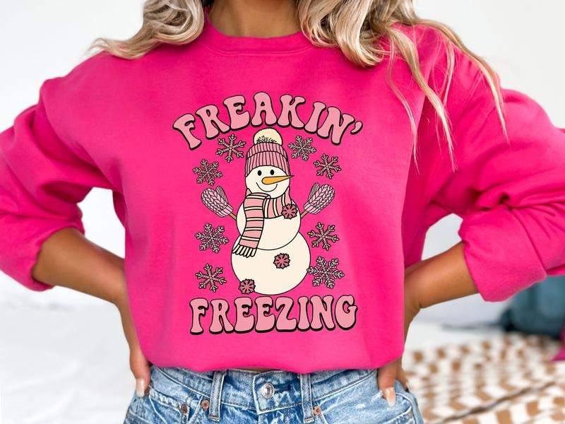 Freaking Freezing Snowman Gildan Sweatshirt in Heliconia T-Shirts, Hoodie | DripVista.com