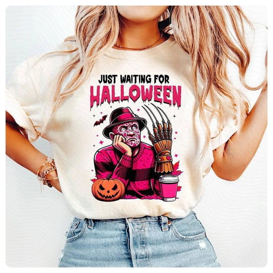 Freddy Krueger Just Waiting For Halloween Shirt Pink   Halloween Shirt Funny   Character Shirt   Movie Shirt Funny Halloween Scary Movie Shirt