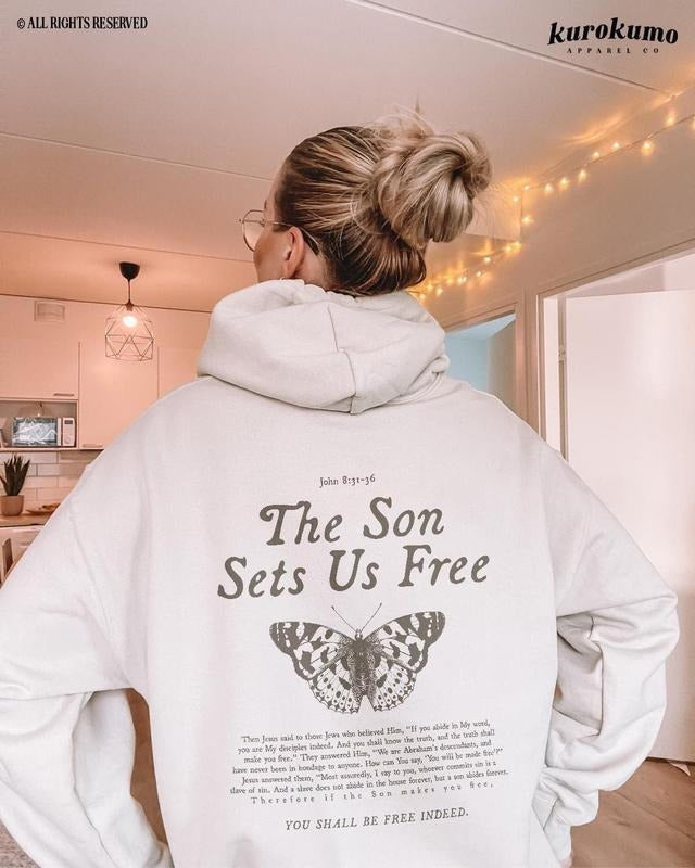 Free Indeed Bible Verse Hoodie Christian Butterfly Sweatshirt Cotton Menswear T-Shirts | DripVista.com