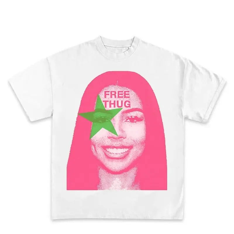 Free Thug Pink Star Green Tee Classic Cotton Hoodie, Sweatshirt | DripVista.com