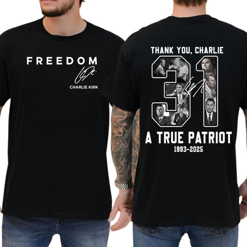 Freedom Charlie Kirk 2 Sided T-shirt, True Patriot Graphic Tee, Rest Red plumber brand Peace Charlie Kirk, Made Red...