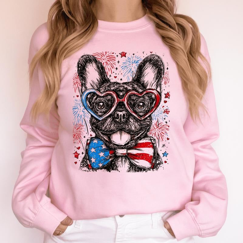 French Bulldog, Frenchie Patriotic Dog, USA, America, Pet Lover, 4th of July Sweatshirt, Crew Neck, Women's, Crewneck...