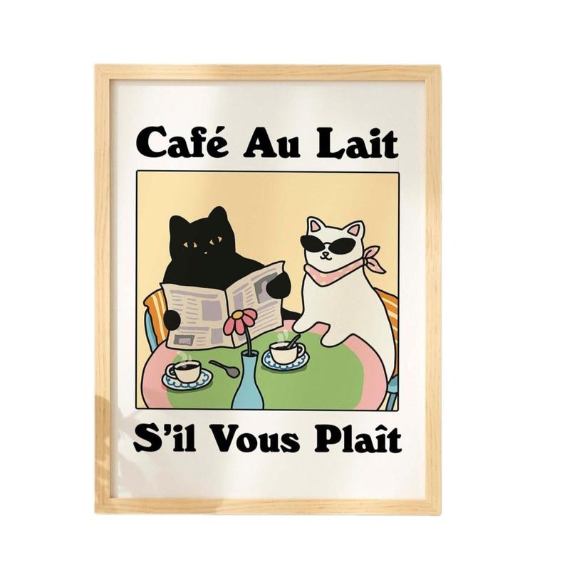 French Cafe Au Lait Cat Print, Retro Drink Poster, Kitchen Decor Posters, Gifts For Friends Besties Wall Art Decor,...