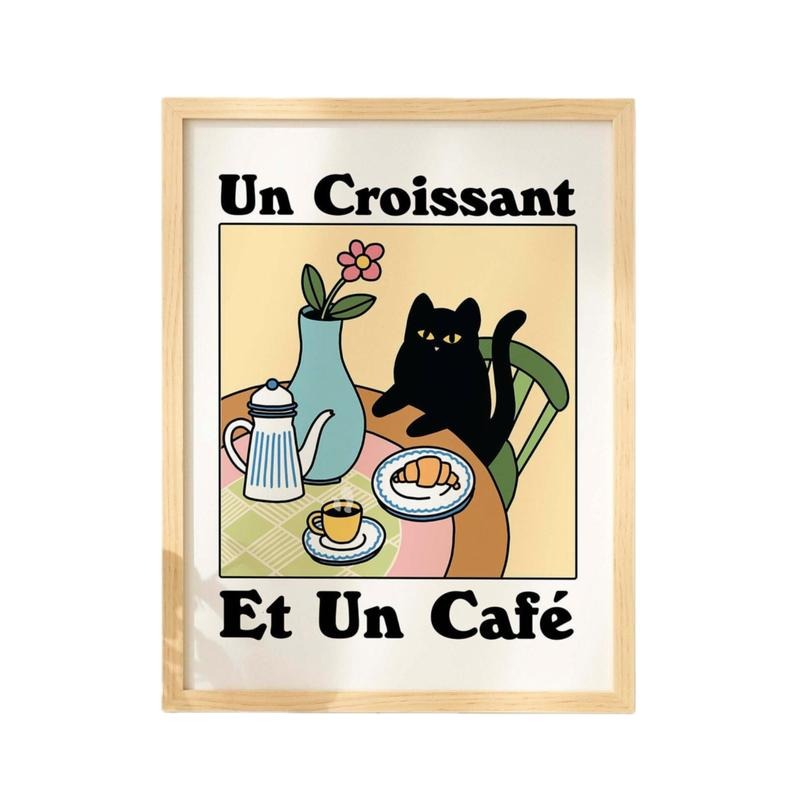 French Cafe Croissant Cat Print, Retro Drink Poster, Kitchen Decor Print, Gifts For Friends Besties Bedroom Decor, Poster...