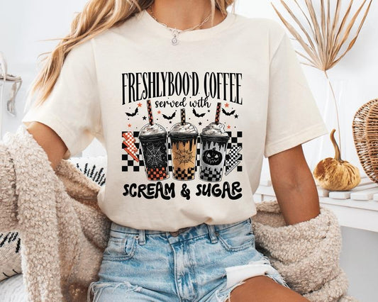 FreshlyBoo'd Coffee Halloween Unisex T-Shirt, Graphic Tees for Women & Men, Oversized Cotton Tees with "Scream & Sugar" Design, Autumn Wear