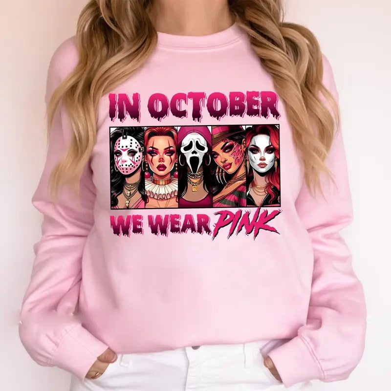 Friends Horror Characters In October We Wear Pink Ladies Sweatshirt, Breast Cancer Survivor Shirt, Pink Cancer Halloween Sweatshirt, Horror Shirt Cotton Halloween