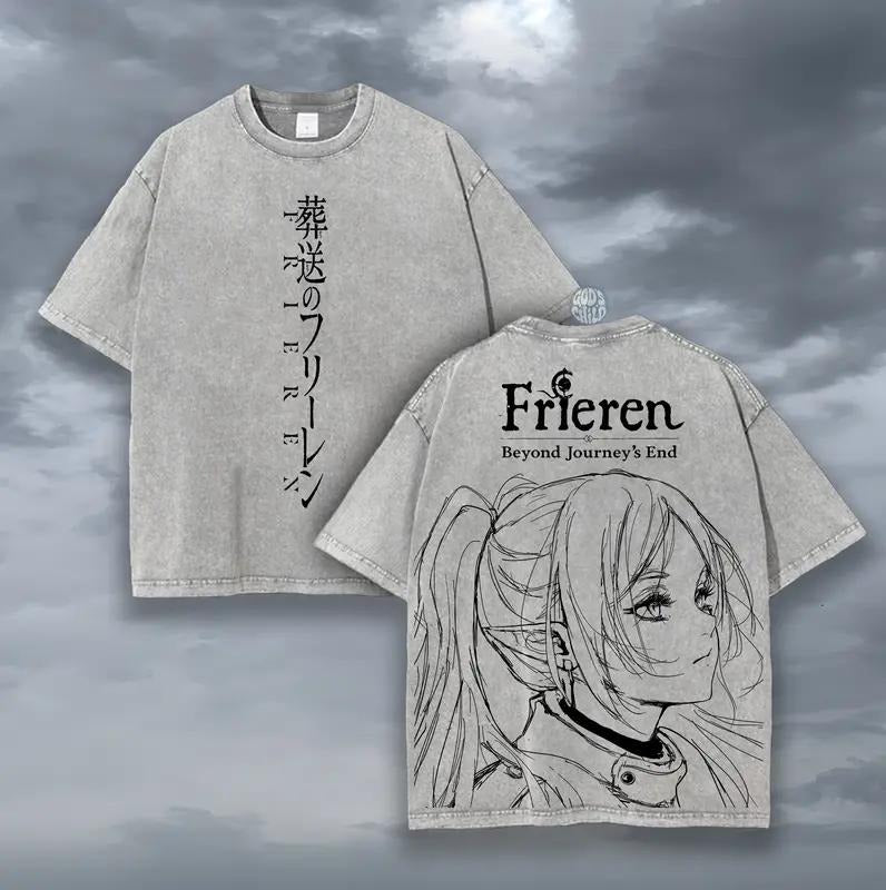 Frieren Beyond Journey'WB shield Red plumber brand Anime Double Printed Vintage Washed Tee Unisex Oversize Heavyweight...