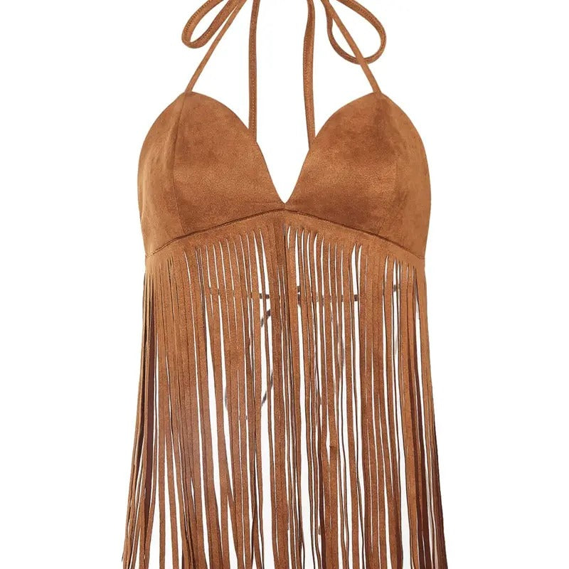 Fringe Tied Backless Deep V Neck Suede Halter TopY2K T-Shirts, Hoodie, Sweatshirt | DripVista.com
