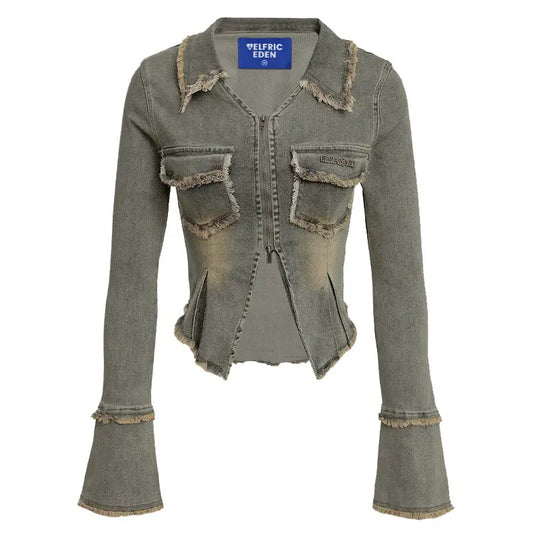 Fringe Two-Way Zipper Denim Jacket