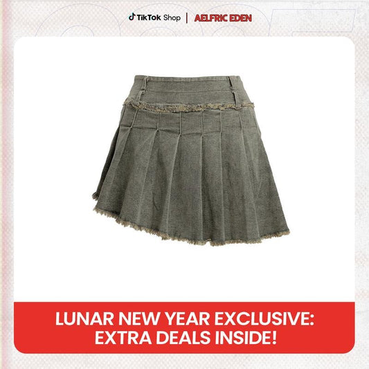 Fringe Wrinkle Washed Denim Skirt