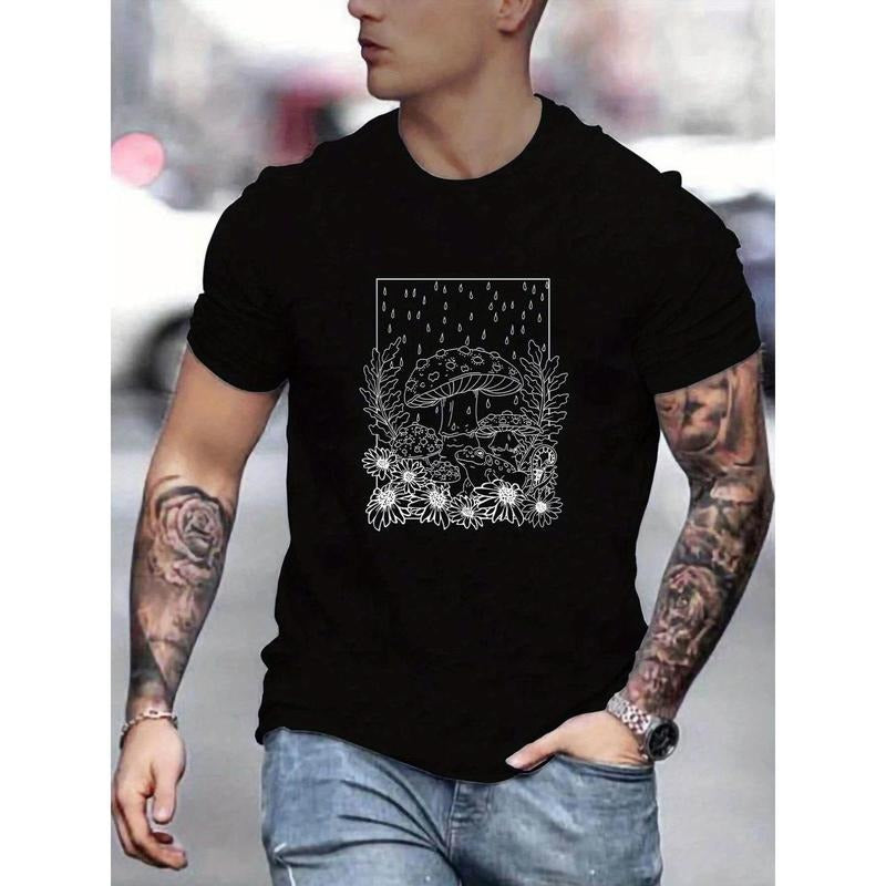 Frog And Mushroom Pattern Print Men's Slightly Stretch T-shirt, Graphic Tee Men's Summer Clothes, Men's Outfits Made in USA