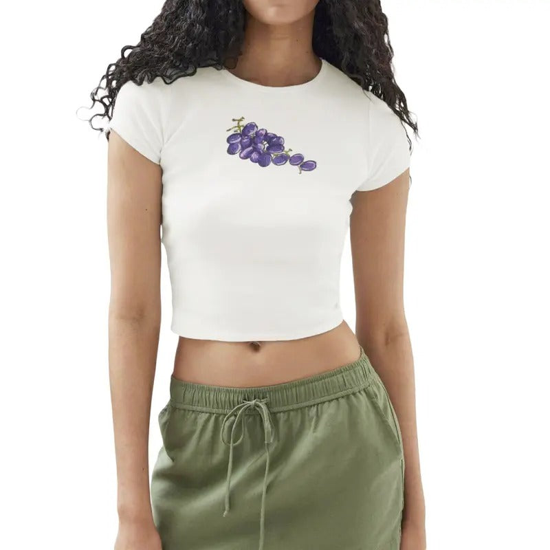 Women's Crew Neck Cropped Tops Short Sleeve Fruit/Frog Print Slim Fit Baby Tees Streetwear Casual Fabric