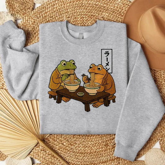 Frog and Toad Ramen Embroidered Sweatshirt, Cozy Pullover with Japanese Noodle Art, Mom Gift, Cottagecore Frog Embroidered Shirt