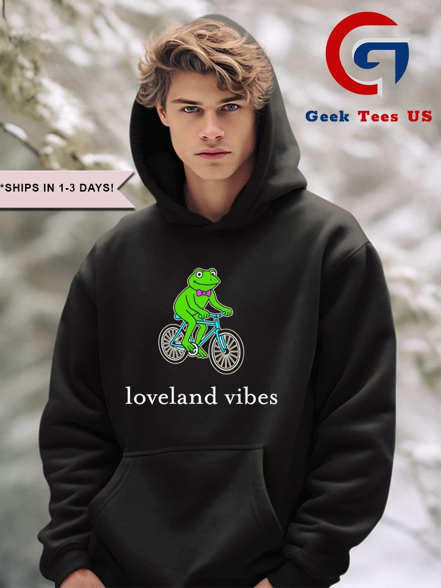 Frog riding bicycle loveland vibes shirt
