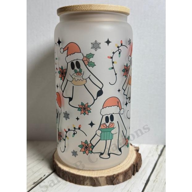 Frosted Glass Can Cup with Bamboo Lid & Straw | Christmas Ghosts & Holiday Lights | 16oz Spooky Holiday Tumbler