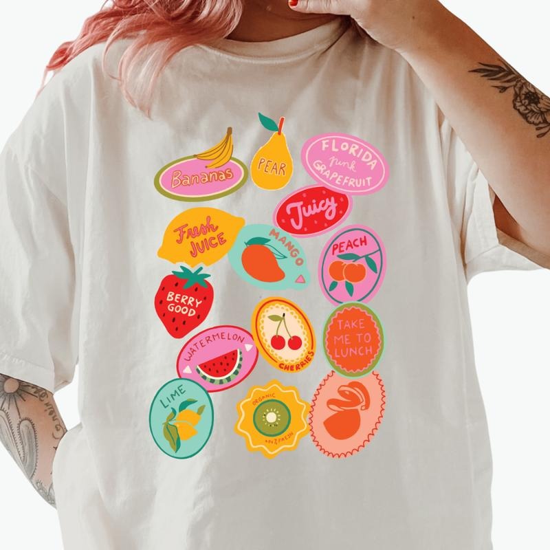 Fruit Stickers Graphic Shirt ~ Unisex Apparel Relaxed Fit Printed In The USA Clothing Womenswear Casual Comfort Cotton Top Athletic Boho Chic