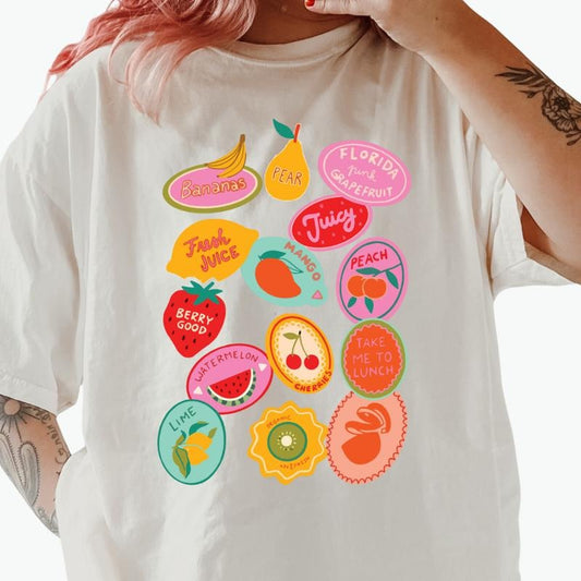 Fruit Stickers Graphic Shirt ~ Unisex Apparel Relaxed Fit Printed In The USA Clothing Womenswear Casual Comfort Cotton Top Athletic Boho Chic