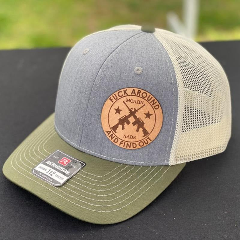 Fuck Around And Find Out 112 Hat, Laser Engraved Leather Patch Hat, Leather Patch Snapback Cap, Trucker Hat, Funny Hats...