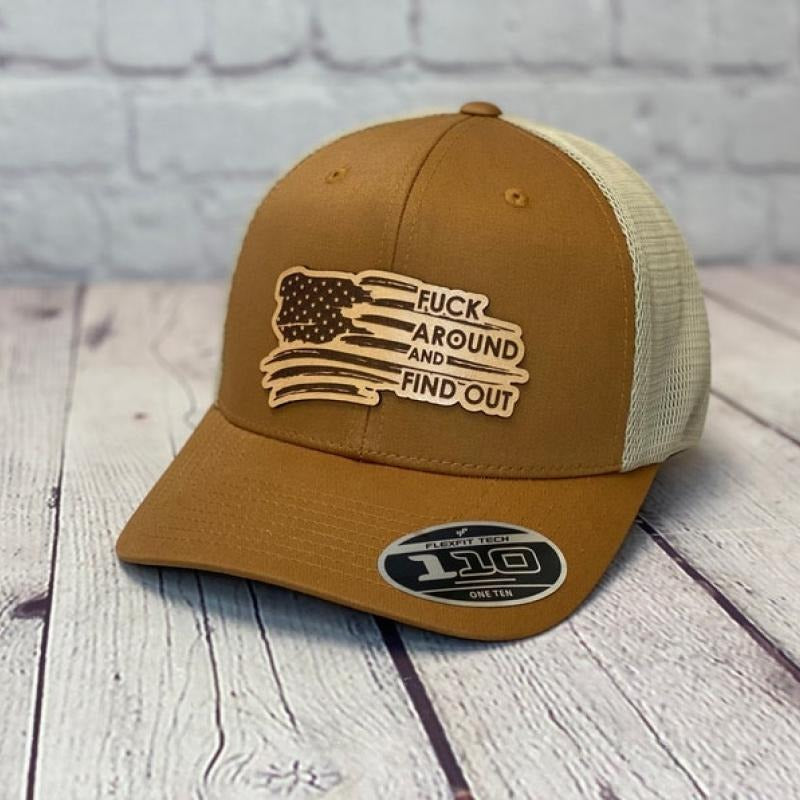 Fuck Around And Find Out American Flag  Hat, Laser Engraved Leather Patch Hat, Leather Patch Snapback Cap, Trucker Hat...