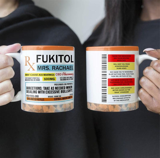 Fukitol Rx Prescription - Funny Mug, Personalized Coffee Mug, Retirement Gift, Work Office Funny Gag Gift for Coworkers Boss Family Friends