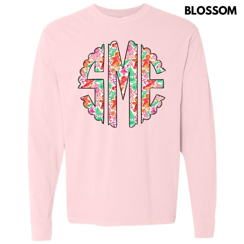 Fun Gingerbread Christmas Monogram Long Sleeve Comfort Colors T-Shirt 'NLB'
