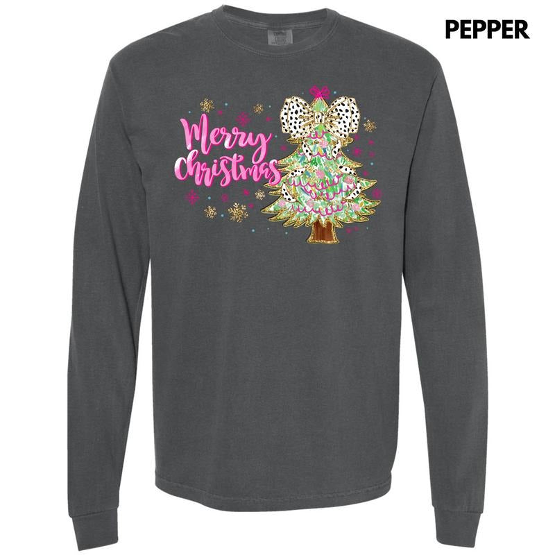 Fun Pink Merry Christmas Tree Long Sleeve Comfort Colors T-Shirt 'NLB' Hoodie, Sweatshirt | DripVista.com