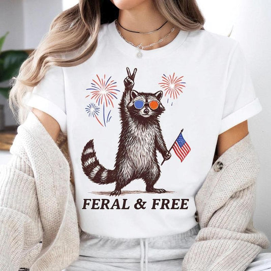 Funny 4th of July Shirt Shirt, Feral & Free Raccoon Shirt, American Feral Girl Summer Meme Sweatshirt,Patriotic Independence Day Gift Cotton Fabric Casual Fit