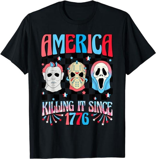 Funny 4th of July Shirts For Men, Funny America Killing IT Since 1776 Horror 4th Of July USA T-Shirt Menswear Top Casual Cotton