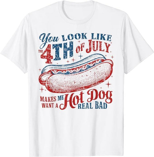 Funny 4th of July Shirts For Men, Funny You Look Like 4th Of July Hot Dog Wiener T-Shirt Menswear Top Casual Cotton