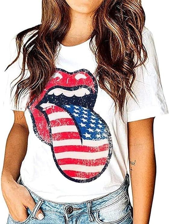 Funny 4th of July Shirts For Women, American Flag Lips T-Shirt Funny July 4th Independence Day Graphic Tees Tops Casual...