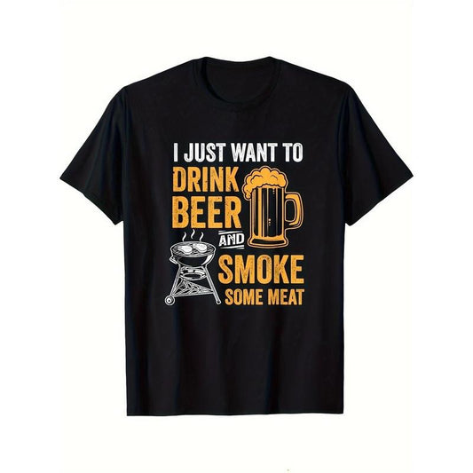 Funny BBQ Printed Men's Cotton Graphic T-shirt, Casual Short Sleeve Crew Neck T-shirt, Men's Tee For Outdoor made in usa