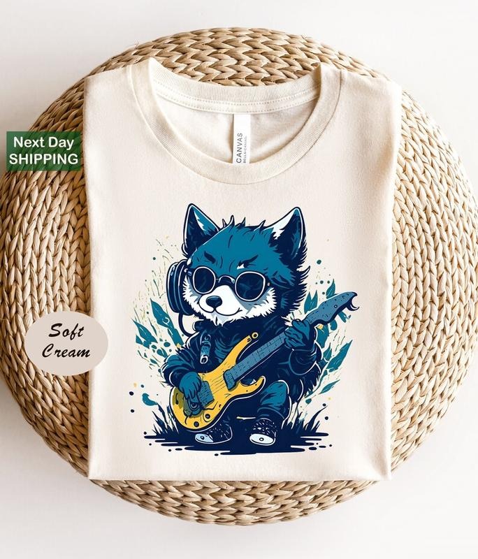 Funny Baby Wolf Playing Guitar and Listening Music T Shirt Hoodie Sweater, Baby Wolf and Music Lovers Shirt, Funny Animal Shirts, Cute Wolf Shirt