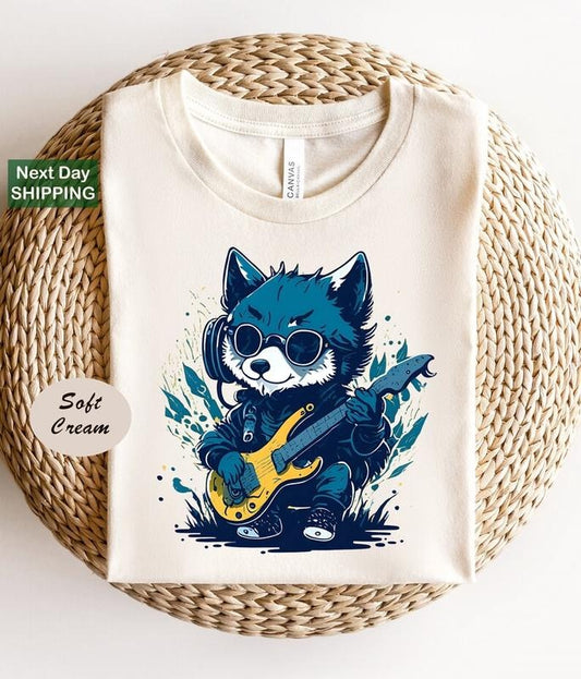 Funny Baby Wolf Playing Guitar and Listening Music T Shirt Hoodie Sweater, Baby Wolf and Music Lovers Shirt, Funny Animal Shirts, Cute Wolf Shirt