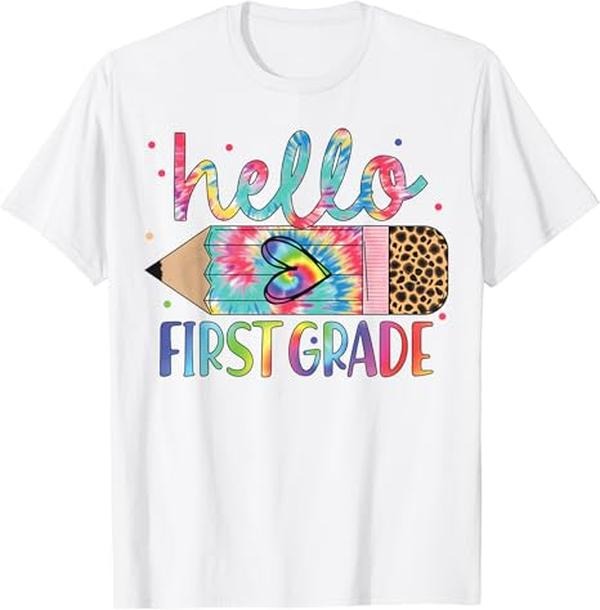 Funny Back To School Shirts, Hello 1st Grade Leopard Pencil Tie Dye Funny Back To School T-Shirt Cotton Fashion Casual...