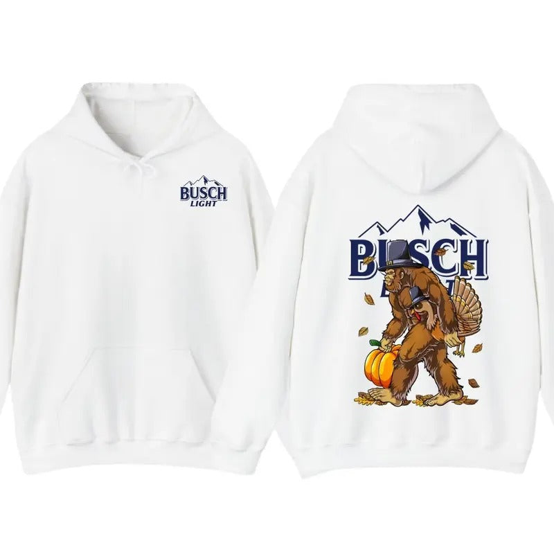 Funny Bigfoot Thanksgiving Busch Light Turkey Pumpkin turkey day T-Shirt, Turkey Hoodie Sweatshirt | DripVista.com