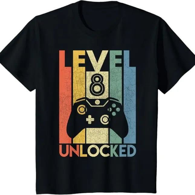 Funny Birthday Shirts, Level 8 Unlocked Funny Video Gamer 8th Birthday Gift T-Shirt