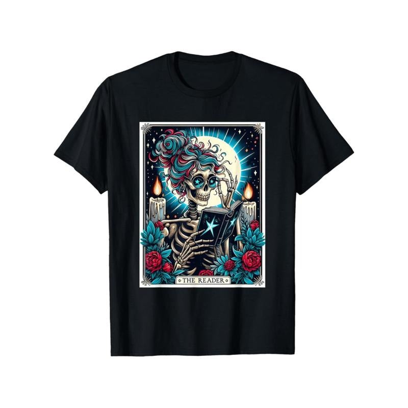Funny Book Lover Skeleton Reading Tarot Card T-Shirt Trendy Cotton Street Style Comfort Fit Crew Neck Ultra FOG...