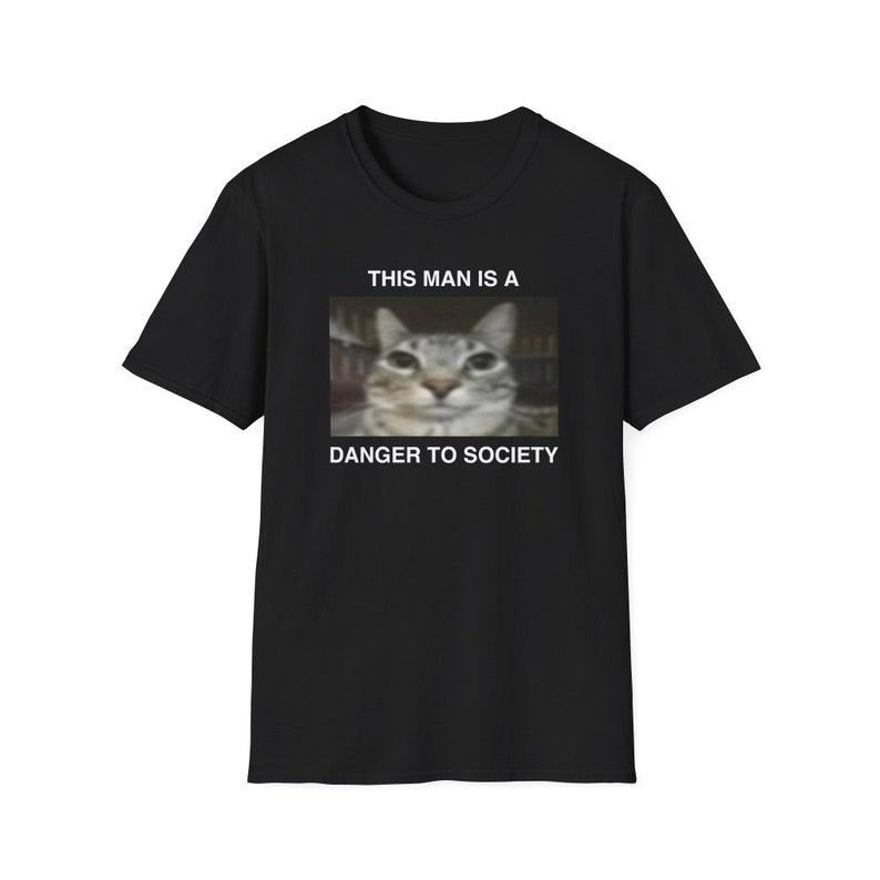 Funny Cat Meme Shirt, This Man is a Danger to Society Kitty Joke Tee, Gift Unisex T-Shirt Hoodie, Sweatshirt | DripVista.com