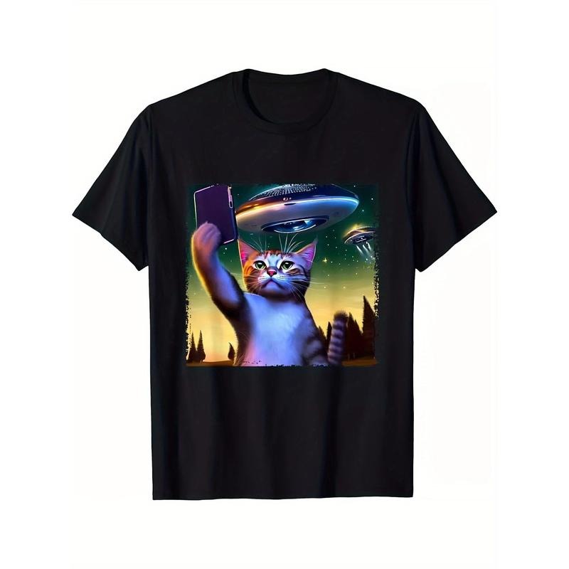 Funny Cat Selfie With UFO Printed Men's Cotton T-shirt made in usa Hoodie, Sweatshirt | DripVista.com
