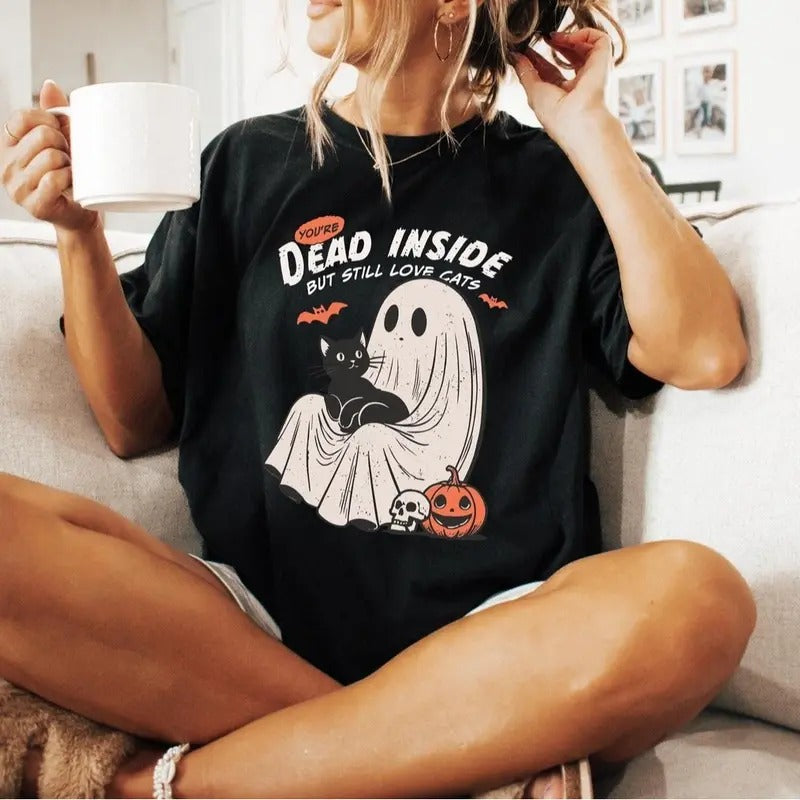 Funny Cat Shirt, Dead Inside But Still Love Cats, Black Cat Halloween Shirt, Ghost Shirt Hoodie, Sweatshirt | DripVista.com