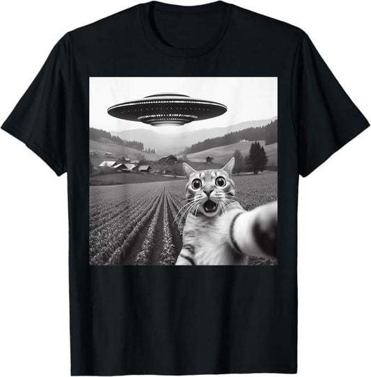 Funny Cat Shirts, Cat Selfie With Alien UFO Funny Cat Gifts For Men Women T-Shirt - Menswear Top