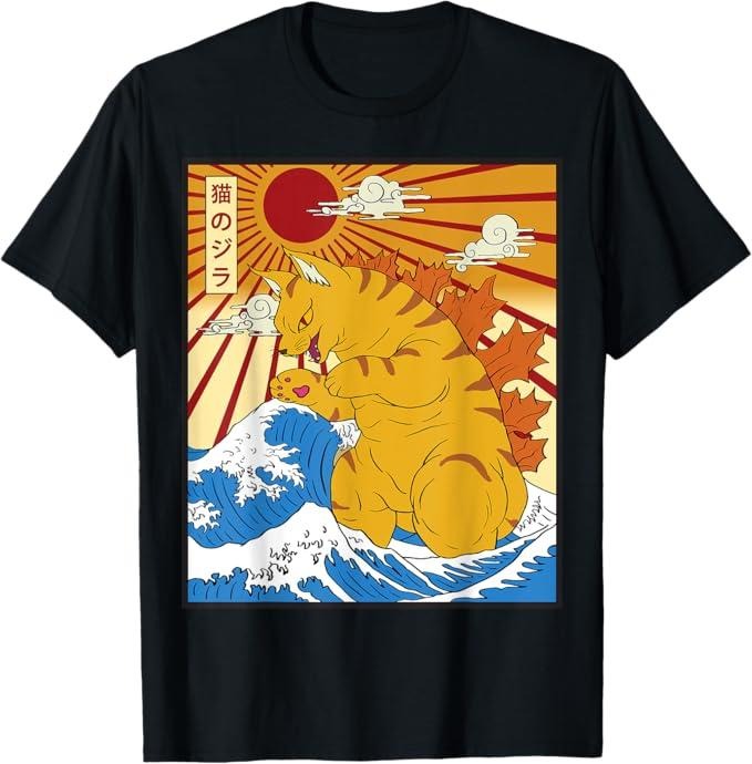 Funny Cat Shirts, Catzilla Cat Japanese Anime Kawaii Funny Gifts Sunset T-Shirt - Menswear Top
