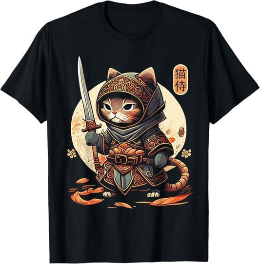 Funny Cat Shirts, Japanese Samurai Cat Tattoo Kawaii Ninja Cat T-Shirt - Menswear Top