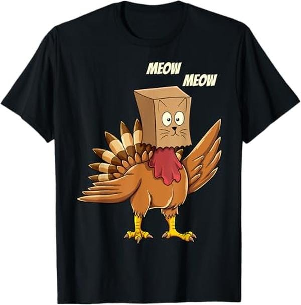 Funny Cat Shirts, Thanksgiving Turkey Cat Meow Funny Men Women Thanksgiving T-Shirt