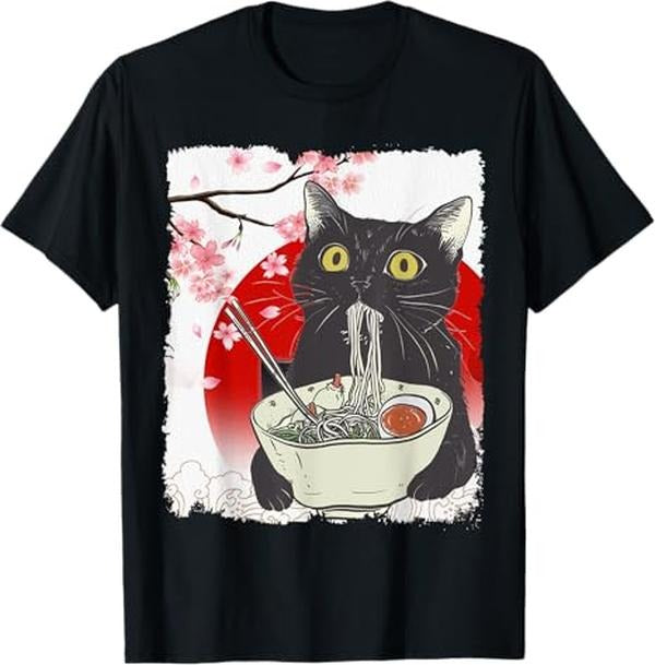 Funny Cat Shirts, Vintage Cat Eating Ramen Funny Japanese Cat Noodles T-Shirt - Menswear Top