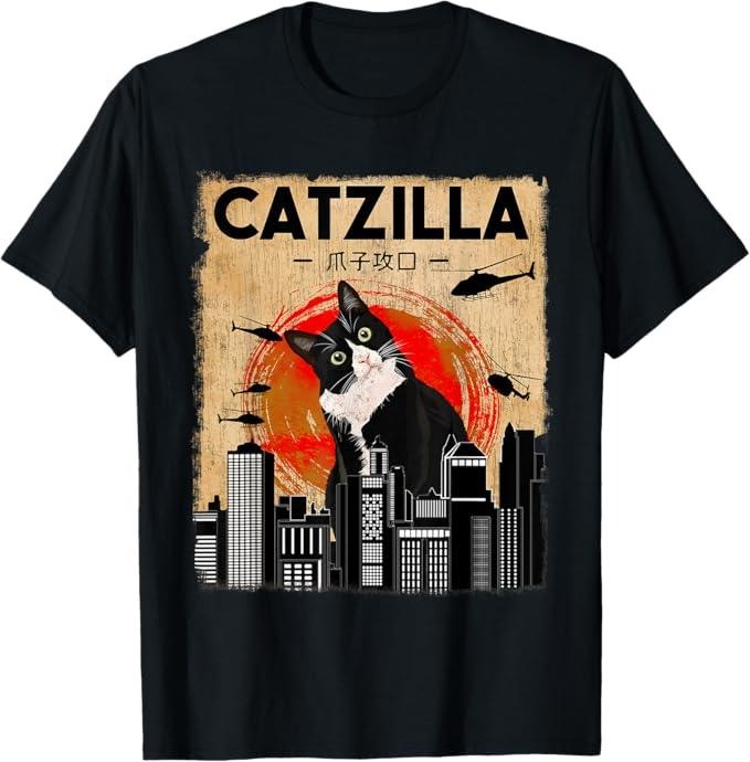 Funny Cat Shirts, Vintage Catzilla - Funny Tuxedo Cat And Kitten T-Shirt - Menswear Top Hoodie, Sweatshirt | DripVista.com